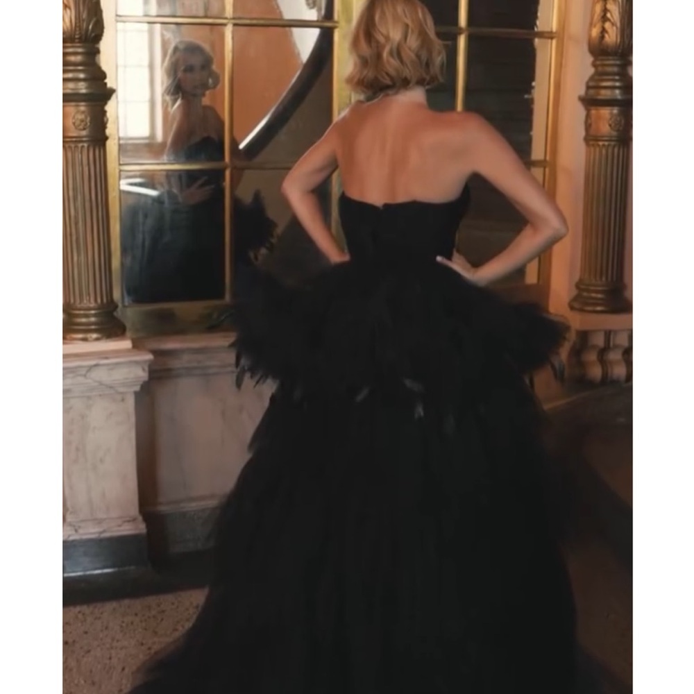 Mac Duggal Black Strapless Tulle Gown with Feather Detail - Picture 5 of 16